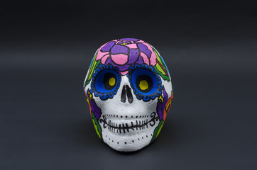 Hand painted styrofoam skull with flowers against black background. Han painted skull for Halloween...