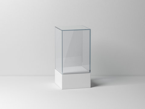Glass box Mockup with white podium for product presentation