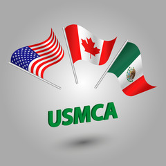 vector set of three waving american, canadian and mexican flags on silver pole - icon of states - the united states of America Mexico Canada Agreement with 3d green text title USMCA