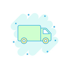 Cartoon colored truck, car icon in comic style. Fast delivery service shipping illustration pictogram. Car sign splash business concept.