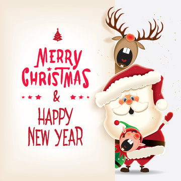 Santa Claus, Reindeer and Elf with Merry Christmas and Happy New Year calligraphy lettering.