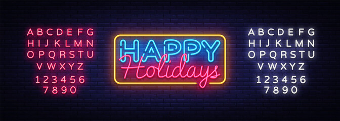 Happy Holidays Neon Text Vector. Happy Holidays neon sign, design template, modern trend design, night neon signboard, night bright advertising, light banner. Vector. Editing text neon sign