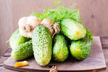 A few fresh ripe cucumbers, dill and garlic on cutting board on a wooden table. Rustic style