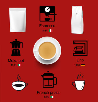 Set of coffee elements: brewing method icons, cups icon, realistic cup, coffee bean. Vector illustration on red background. Ready to use for your design. EPS10.