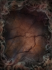 Cobweb and smoke background for Halloween brown cracked wall