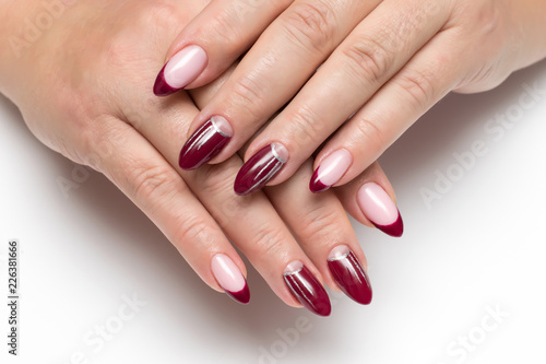 Burgundy French Manicure With Silver Drawings Stripes On Long Sharp