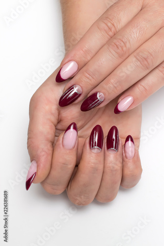 Burgundy French Manicure With Silver Drawings Stripes On Long Sharp Burgundy French Manicure With Silver Drawings Stripes On Long Sharp