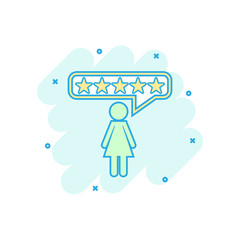 Cartoon colored customer reviews icon in comic style. Rating feedback illustration pictogram. Review sign splash business concept.