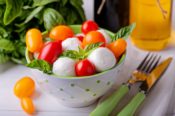 Ingredients for caprese - mozzarella , basil and cherry tomatoes