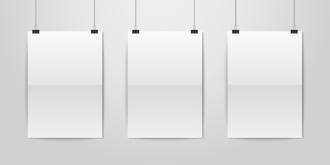Three Vector Realistic White Blank Vertical A4 Folded Paper Poster Hanging on a Rope with Binder Clip Set on White Wall mock-up. Empty Poster Design Template for Graphics, Mockup