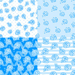 Abstract winter blue white roses. Set of seamless patterns backgrounds.