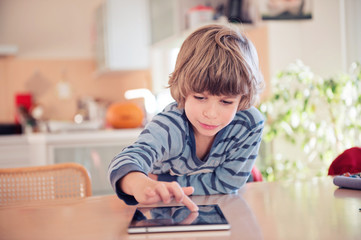Fototapeta na wymiar Little boy playing with digital tablet.