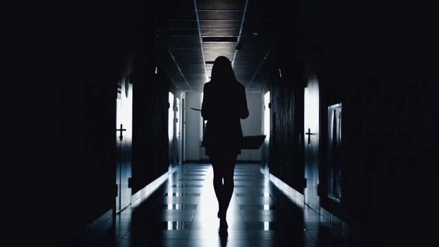 Silhouette of business woman walking along the corridor towards light. Strict boss woman scatters documents in the hallway. Situation is out of control.