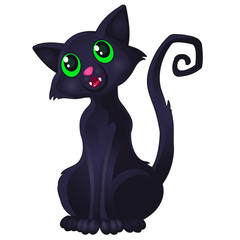 Funny sly black cat with green eyes and curved spiral tail shows tooth isolated on white background. Cute homeless animals. Vector cartoon close-up illustration.