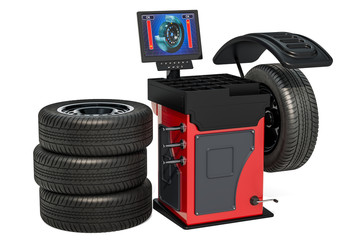 Wheel Balancing Machine with car wheels, 3d rendering