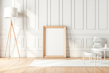 Wooden Frame with poster Mockup standing on the floor with lamp and stack of books in modern interior