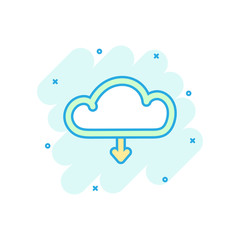 Cartoon colored internet cloud icon in comic style. Download illustration pictogram. Cloud sign splash business concept.