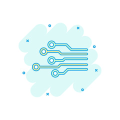 Cartoon colored circuit board icon in comic style. Technology scheme illustration pictogram. Microchip sign splash business concept.