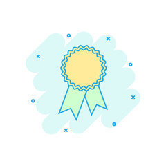 Cartoon colored badge ribbon icon in comic style. Award medal illustration pictogram. Certificate sign splash business concept.