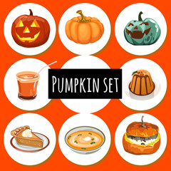 Set of ripe pumpkins, food and Jack-o-lantern. Attribute of holiday of Halloween, healthy eating and thanksgiving day. Sketch for holiday stickers, cards or party invitation. Cartoon vector close-up.
