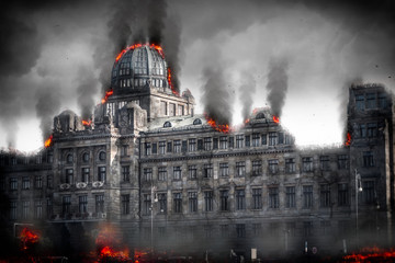 Post apocalyptic destroyed building. Digital illustration