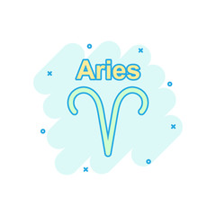 Vector cartoon aries zodiac icon in comic style. Astrology sign illustration pictogram. Aries horoscope business splash effect concept.