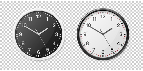 Realistic White and Black Wall Office Clock Icon Set. Design Template for Mockup, Graphics, Branding, Advertise. Wall Clock Mock-up Closeup Isolated on Transparent Background. Front or Top View