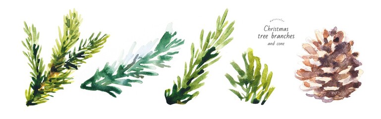 watercolor isolated illustration of christmas tree branches, freehand drawing of festive needles from spruce painted with paints, decoration for christmas and new year - obrazy, fototapety, plakaty