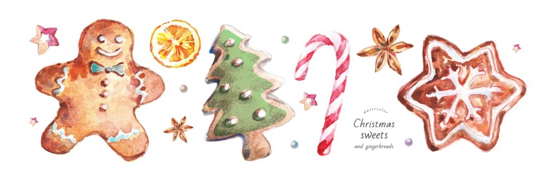 Watercolor Isolated Illustration Of Christmas And New Year's Gingerbread And Sweets, Biscuit Drawings, Hand-painted Colors: Gingerbread Man, Christmas Tree, Candy Cane, Orange, Anise, Wooden Star