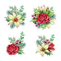 Christmas floral design elements, holiday flowers, festive ornaments, botanical decor, red rose, white lilly, poinsettia, watercolor illustration, isolated on white background