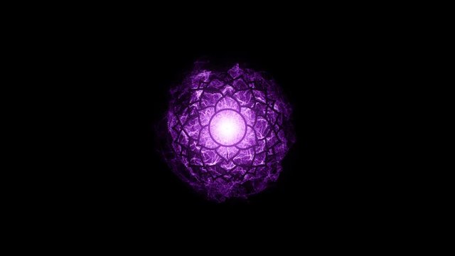 Animated chakra Sahasrara. The seventh symbol is purple. 42 petals of lotus in the stroke. Isotherics. Yoga icon. Om sign