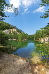 Beautiful landscape with blue lake and woods.