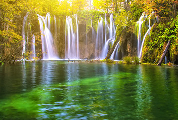 Beautiful lake in forest with waterfall of national park Plitvice, Croatia