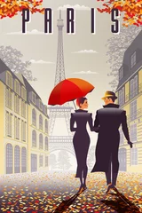 Fotobehang Vintage Poster Loving couple in Paris in the fall.  © alaver