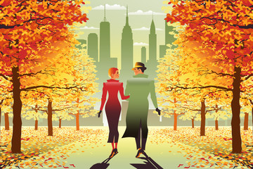 Loving couple in New York Central Park in the fall - obrazy, fototapety, plakaty