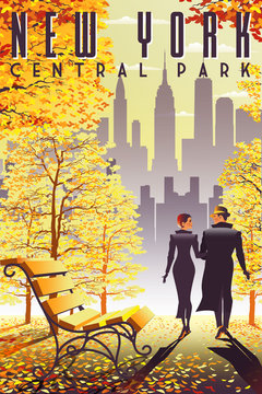 Loving couple in New York Central Park in the fall