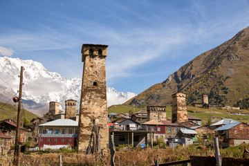 Fototapeta na wymiar Ushguli village and typical defensive towers in Upper Svaneti, Georgia