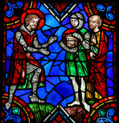 Medieval Knights carrying the head of a Christian Saint - Stained Glass