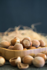 Hazelnuts in shells on the table