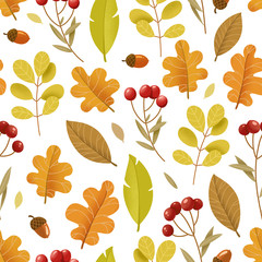 Bright autumn seamless pattern. Leaves and red berries isolated on white background