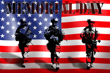MEMORIAL DAY on the background of the American flag with soldiers