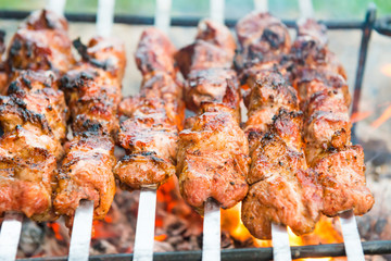 Barbecue with rilled kebab meat on fire