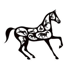 Concept black horse silhouette many horses inside different poses on white. Hand drawing equine vector illustration.