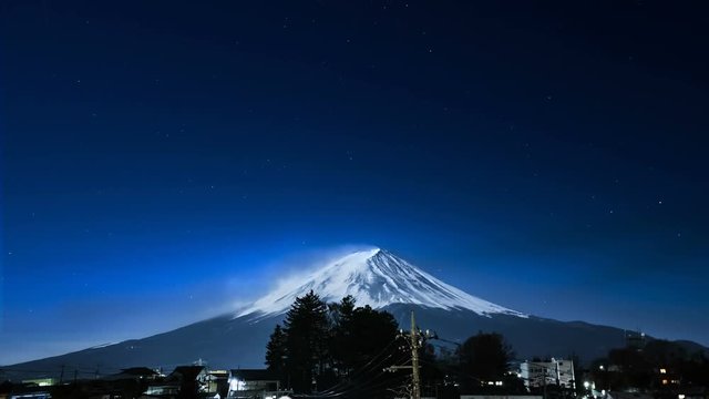 Timelapse Shot : Fuji mountain at night with star and cloud
