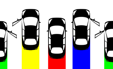 Big set collection black cars top view. Sport car door open or not. Sedan, small mini avto and city automobile. Vector illustration