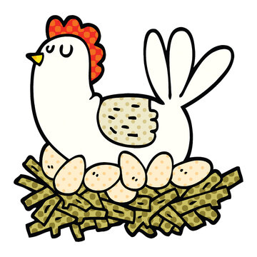comic book style cartoon chicken on nest of eggs