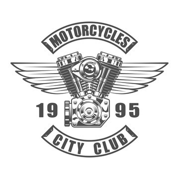 Vintage motorcycle club emblem in monochrome style isolated vector illustration