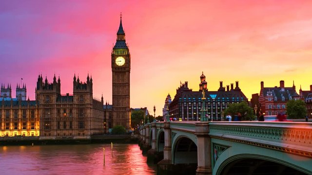 London, UK. Sunset over the city of London, UK. Colorful sky behind Westminster and Big Ben. Westminster bridge at night. Time-lapse at sunset, zoom out