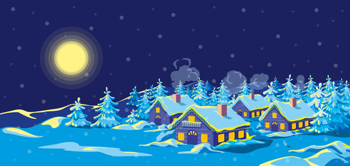 Naklejka premium Night winter landscape with village, houses decorated with garlands and light bulbs among a forest of fir trees, mountains. Horizontal illustration for Christmas and New Year greeting card. Vector