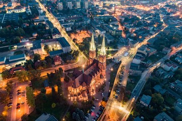 Aerial drone view on Basilica and city center in Rybnik. - obrazy, fototapety, plakaty